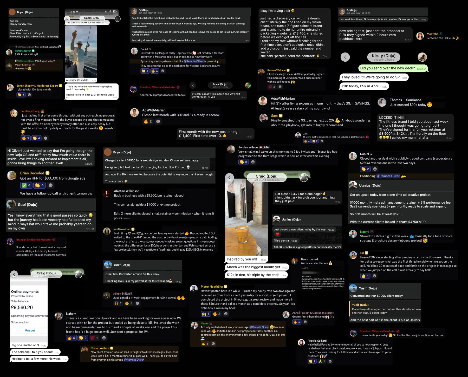 Screenshots of client wins and messages
